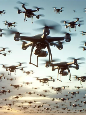 DALL·E 2024-03-14 19.53.35 - Create two high-resolution images of realistic drones flying in a swarm. The drones should look like sophisticated, multi-rotor machines, equipped wit